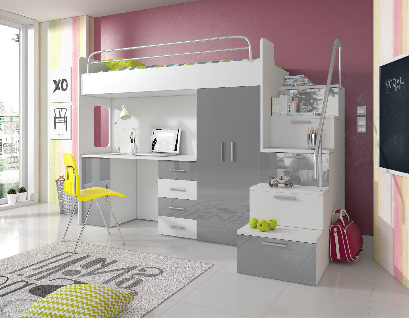 Hochglanz Hochbett Pati Mit Schreibtisch Kleiderschrank Und Fachern In Den Treppenstufen